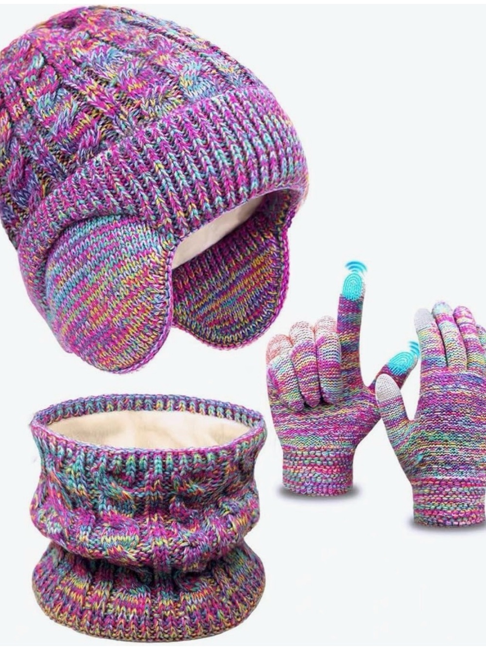 Kids Multicolor Knit Winter Hat, Earflap & Neck Warmer Set & Touchscreen Gloves